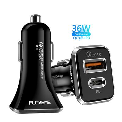 China Free Car Mobile Phone Charger Shipping 1 Sample OK Amazon Success FLOVEME Dual Ports Usb Fast Car Charger 36W PD Car Charger Custom Accept for sale