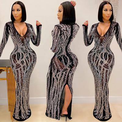 China Sexy Breathable Night Club See Shiny Mesh Women's Rhinestone Maxi Dress for sale