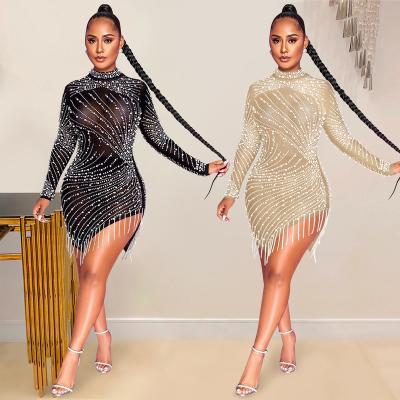 China Breathable Sexy Nightclub Mesh See Through Fringed Bubble Beads Round Neck Long Sleeve Rhinestone Dress for sale