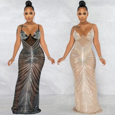 China New Fashion Breathable Rhinestone Sling Wrap Sexy Breast Mesh Perspective Maxi Dress for sale