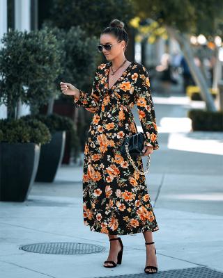 China Latest Design Anti-Static Women Summer Long Sleeve Fashion Slim Flower Dress Long Skirt Casual Printed Dresses for sale