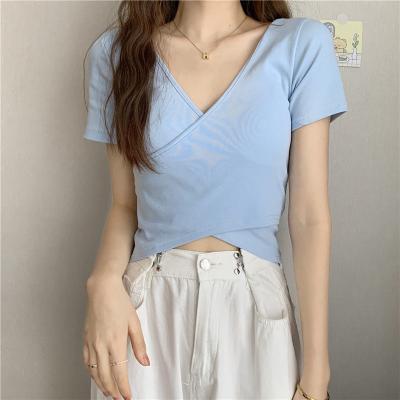 China 2021 Korean women's QUICK DRY solid color tops new summer cross sleeve short thin thin soft T-shirt women for sale