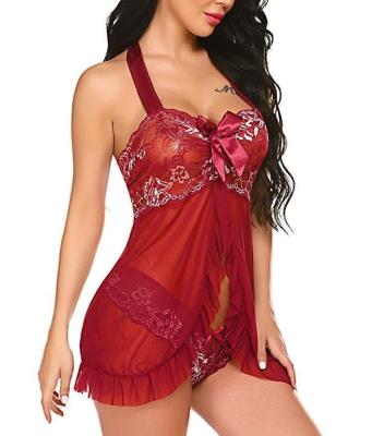 China Antibacterial Sexy Lingerie Charming Suspender Sexy Nightgown Lace Neck Buckle Two Piece Set for sale