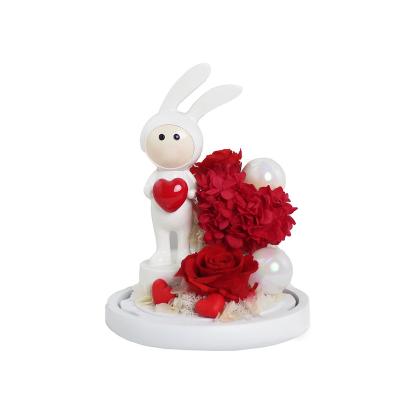 China Eternal Gift Natural Flower Love Office Decor Art: Red Heart Rabbit with Preserved Everlasting Rose and Hydrangea Art Piece for sale