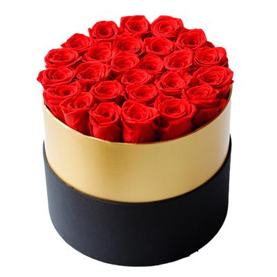 China Events Decoration Decoration Flowers For Dates Christmas New Year Gift Trim Round Gold Box With 26 Immortal Eternal Forever Preserved Roses for sale