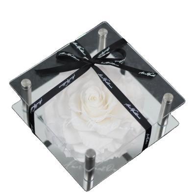 China Rose Mirror Natural Fresh Romance: 12cm Oversized Eternal Preserved Rose With Acrylic Pillar On Low Mirrored Factory Wholesale for sale