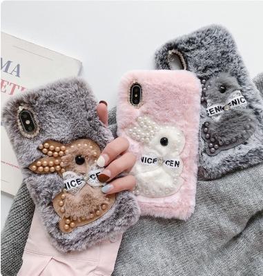 China Winter Plush Furry Pearl TPU Phone Case For iphone 11 For Girls Design Bear Rabbit Hair Rabbit Hair Cute Diamond Pearl Furry Mink Fluffy Animal Mobile Phone Case For Iphone 13 pro maximum for sale