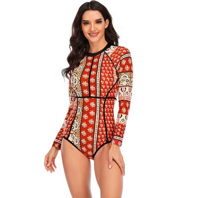 China High Neck Long Sleeve Grid Surfwear Swimwear Swimming Suits Females Females Viable Classic One Piece Swimsuit Swimwear for sale