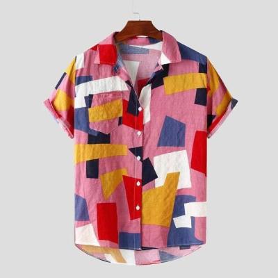 China 2022 Men'S Contrast Color Turn Collar Short Sleeve Breathable Geometric Printed Loose Shirts Down Shirts for sale