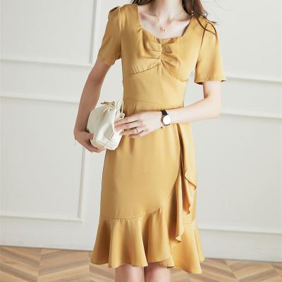 China 2022 Summer Cheap Breathable Formal Simple Square Collar Dress Plus Size Female Casual Elegant Long Dresses for sale