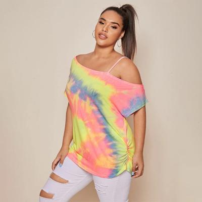 China Best Price Tie Dye Neck Breathable Custom Made Asymmetric Oversize Women's Oversized Suspenders T-shirt for sale