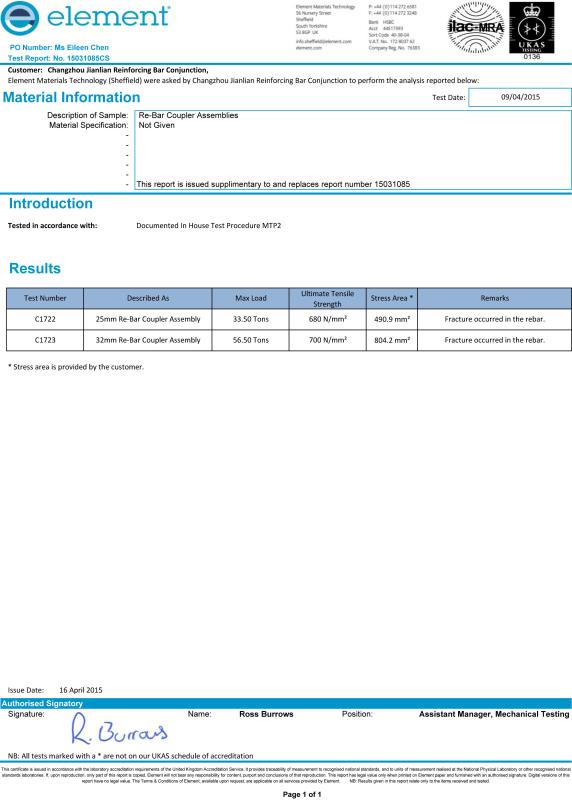 Test report - CHANGZHOU JIANLIAN REINFORCING BAR CONJUNCTION CO., LTD