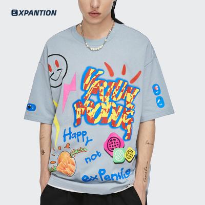 China Anti-wrinkle EXP summer wholesale high quality luxury loose streetwear OEM custom graffiti character printing men's unisex T-shirts 2021 for sale