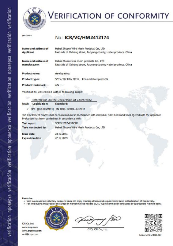 VERIFICATION OF CONFORMITY - Hebei Zhuote wire mesh products Co., LTD