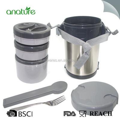 China Sustainable Food Grade Insulated 18/8 Stainless Steel Thermos Food Container With Folding Spoon Or Forks Inner Three Small PP Containers for sale