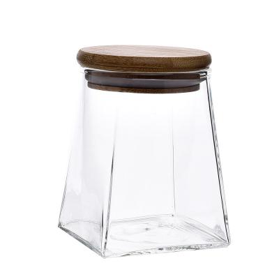 China Bean Square Bottom Food Storage 450ml 700ml Glass Jar High Quality Coffee Freshness Preservation With Bamboo Lid for sale