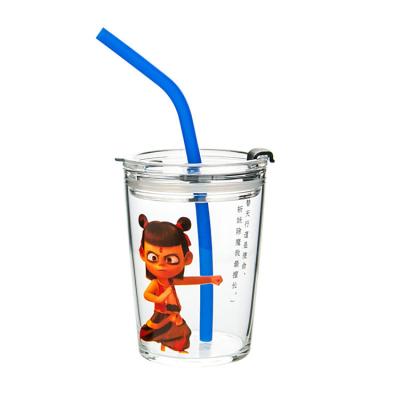 China Kids Cartoon 350ml 12oz Handmade High Borosilicate Glass Milk Stocked Cup With Handle Lid for sale