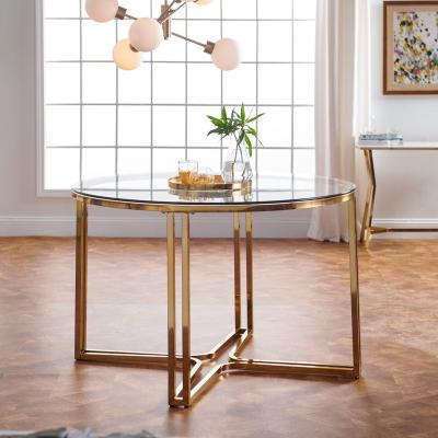 China Advertising Well Stainless Steel Coffee Table Tea Set Gold Glass Top Leg Round Tempered Glass Small Table Side Coffee Table for sale