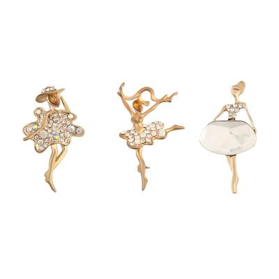 China Luxury Rhinestone Rhinestone Alloy Metal Girl Alloy Fashion Gold Dancing Girl Crystal Brooches Pins for sale