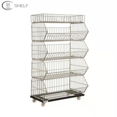 China Single Sided Metal Basket Display Stand, Wire Mesh Stacking Basket Stand, Mobile Tiered Wire Basket Display Stand for sale