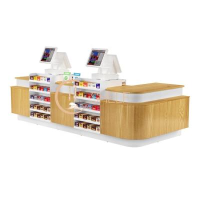 China Design Supermarket Grocery Cashier Desk Single Sided Wooden Checkout Counter For Sale for sale