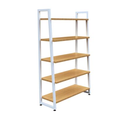 China Popular Single-Sided 5 Layer Iron Retail Store Ladder Shelf Shop Wooden Gift Shop Storage Rack Home Retail Displays for sale