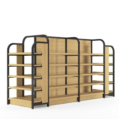 China Double Sided Factory Directly Sell Various Styles Supermarket Wooden Display Racks Hanging Basket Rack Display Racks for sale