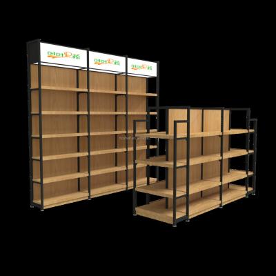 China double sided cold rolled steel and wood shelf rack in mall supermarket gondola store furniture for sale