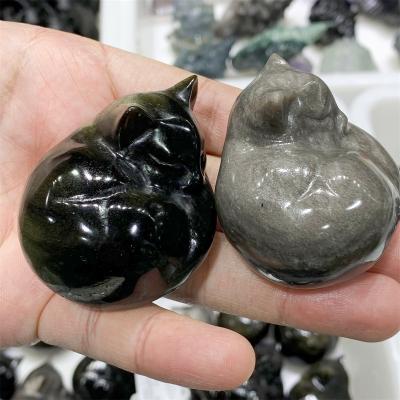 China Wholesale High Quality Carving Sleep Cat Gemstone Sliver Gold Obsidian Europe For Souvenirs for sale