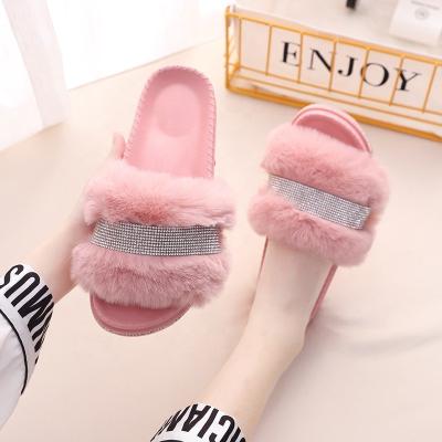 China Fashion Trend Faux Fur Women Shoes Platform Thick Unique Bling Slippers Plush Diamond Slippers Lady Outdoor Sandals for sale