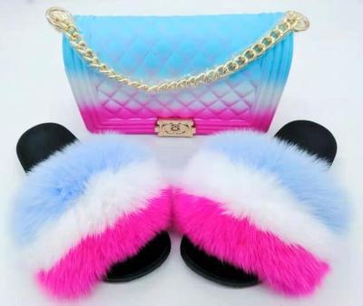 China Factory Wholesale Anti-slippery PVC Slides Real Fox Soft Women's Raccoon Fur Slippers Women's Slippers And Handbag Set for sale