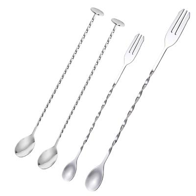 China Modern Long Handle Cocktail Shaker Swizzle Stick Stainless Steel Mixing Stirrers Stirring Bar Spoon Fork for sale