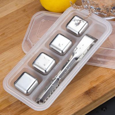 China Good Quality Sustainable 4 Pcs Set Reusable Metal Ice Cube Stainless Steel Ice Cube Whiskey Stone With Clip for sale