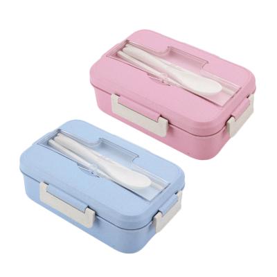 China Freshness Preservation BPA ECO FREE Biodegradable Plastic Straw Lunch Box Microwave Oven Wheat Bento Box Leak Proof With Cutlery Spoon Chopsticks for sale