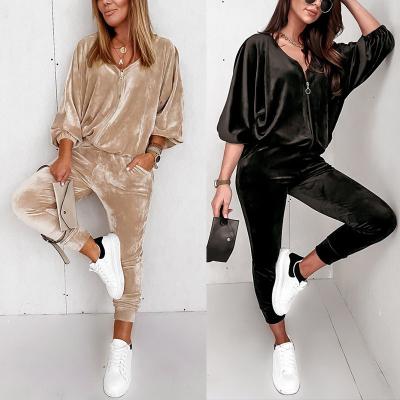 China Hot Sale QUICK DRY In Amazon Solid Color Women Autumn Velvet Zipper Hoodie And Super Soft Oversized Pants Set for sale