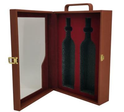 China Luxury and eco-friendly Pe-foam inserts two wine bottles PU leather rack gift box with clear window for sale