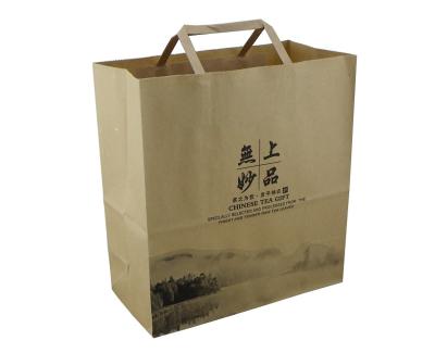 China Biodegradable Brown Kraft Paper Gift Bag For Chinese Tea Packaging With Flat Paper Handle for sale