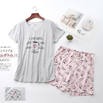 China Drop Shipping Summer Ladies QUICK DRY Cup Printed Cotton Short Sleeve Homewear Pj Comfy Knitted Pajamas Set For Women for sale