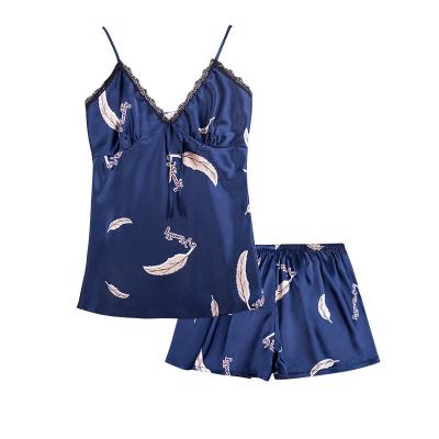 China 2022 Summer QUICK DRY ladies leaf printed camis and shorts sleepwear sets sexy silk pajamas for women for sale