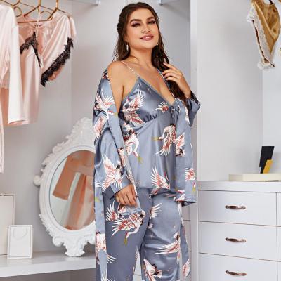 China Long Sleeve 3Pcs Thermal Luxury Satin Nightgown Floral Print Sleepwear Plus Size Pajama Sets For Women for sale