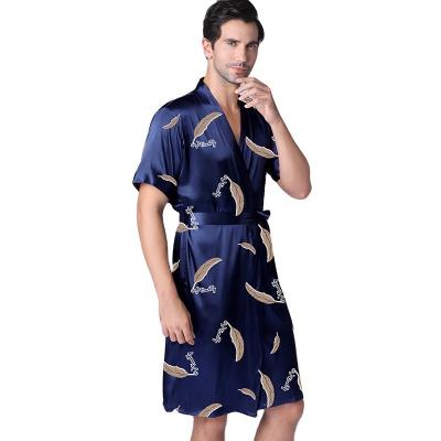 China Summer fashion QUICK DRY short sleeve bathrobe men's mid length leaf printed silk pajamas for men for sale