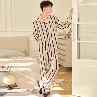 China Wholesale Breathable Striped Sleep Shirt For Man Long Pants Satin Loungewear Casual Mens Pajamas Sets for sale