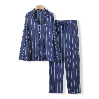 China Lady Ice Silk Striped Print Breathable High Quality Pajamas Pj Homewear Fall Matching Pajamas For Couples Set for sale