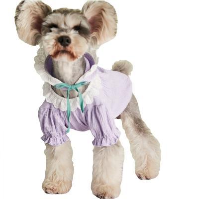 China Cute Pet Stocked Clothes Thin Summer Lace Blouse Teddy Schnauzer Dog Costume Solid Cat Pajamas With Cute Hat for sale