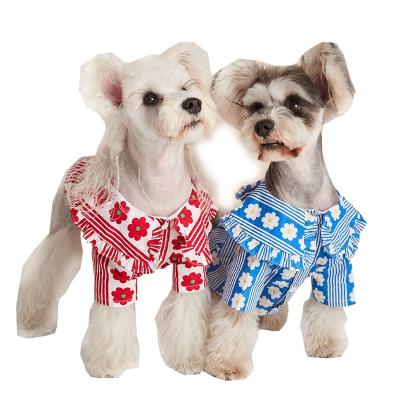 China Cute Stocked Summer Dog Clothes Cotton Stripe Flower Pattern Dog Shirt With Big Clothes Collar for sale