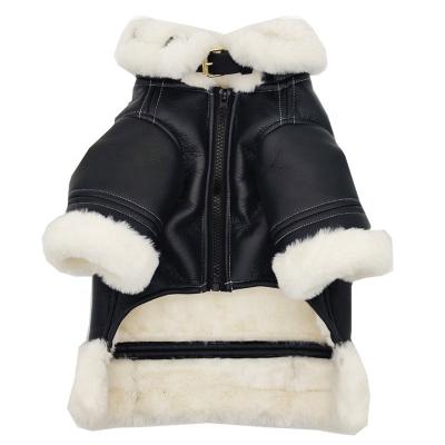 China Stocked Ready To Ship Luxury PU Leather Dog Coat Pet Clothes Winter Fur Collar Dog Coat for sale