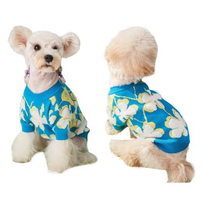 China High Quality Dog Blue Sweater Pattern Flower Thick Soft Pet Knitted Clothes Autumn Winter Pet Sweater Blue Sweater for sale