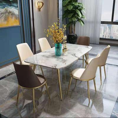 China Dining Room Furniture Household Stainless Steel Marble Top Luxury Gold Plated Base Rectangle Marble Dining Tables New for sale