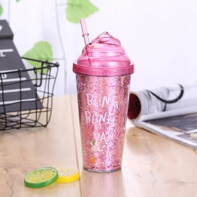 China Viable Glitter Double-Layer INS Plastic Cup, Creative Gift Double-Layer Water Cup, Ice Cream Straw Cup Wholesale Custom Logo for sale