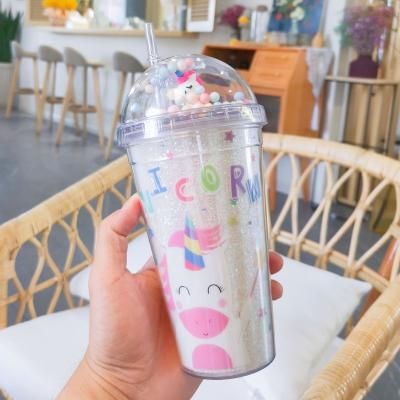 China Sustainable Large Capacity Double-layer Fashion Ladies Micro-landscape Unicorn Plastic Water Cup for sale